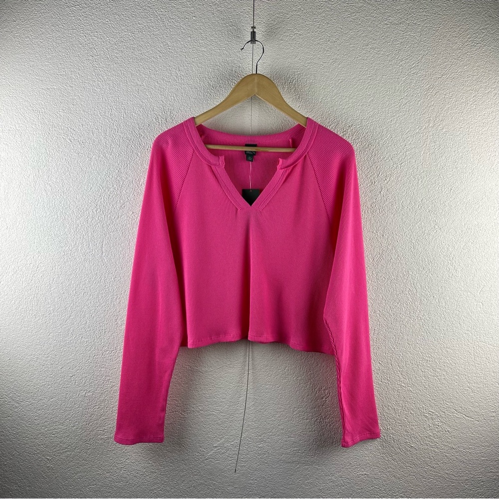 Wild Fable I XL Pink Waffle Knit Thermal Split V-Neck Boxy Crop Long Sleeve Top